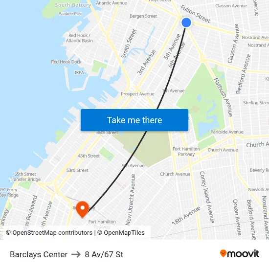 Barclays Center to 8 Av/67 St map