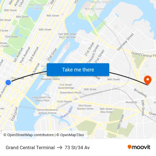 Grand Central Terminal to 73 St/34 Av map