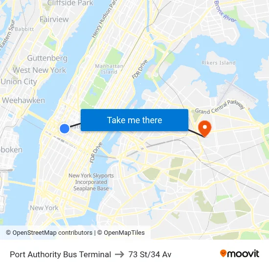 Port Authority Bus Terminal to 73 St/34 Av map