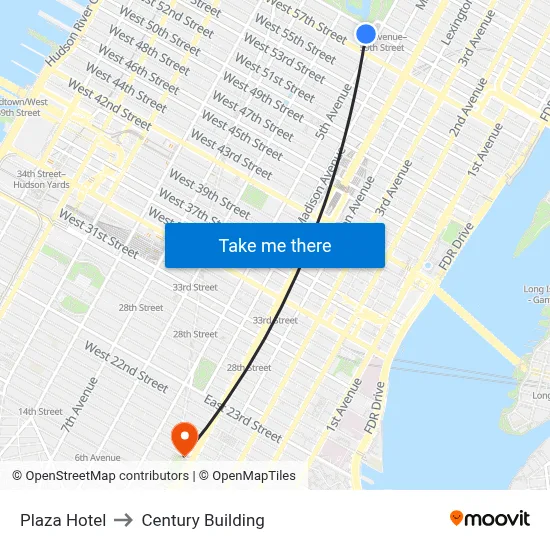 Plaza Hotel to Century Building map