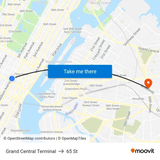Grand Central Terminal to 65 St map