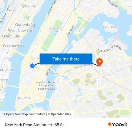 New York Penn Station to 65 St map