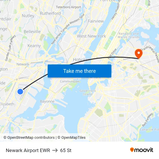 Newark Airport EWR to 65 St map