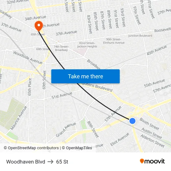 Woodhaven Blvd to 65 St map