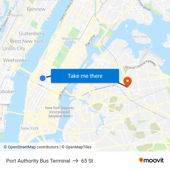 Port Authority Bus Terminal to 65 St map