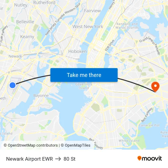 Newark Airport EWR to 80 St map