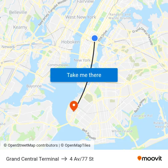 Grand Central Terminal to 4 Av/77 St map