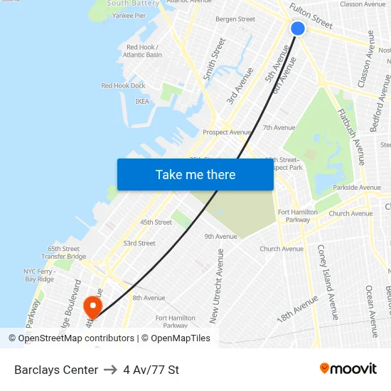 Barclays Center to 4 Av/77 St map