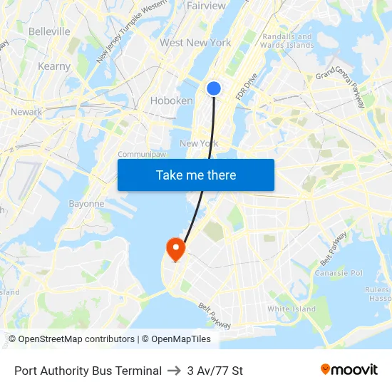 Port Authority Bus Terminal to 3 Av/77 St map