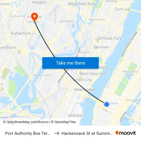 Port Authority Bus Terminal to Hackensack St at Summit Ave map