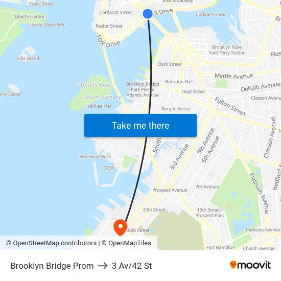 Brooklyn Bridge Prom to 3 Av/42 St map