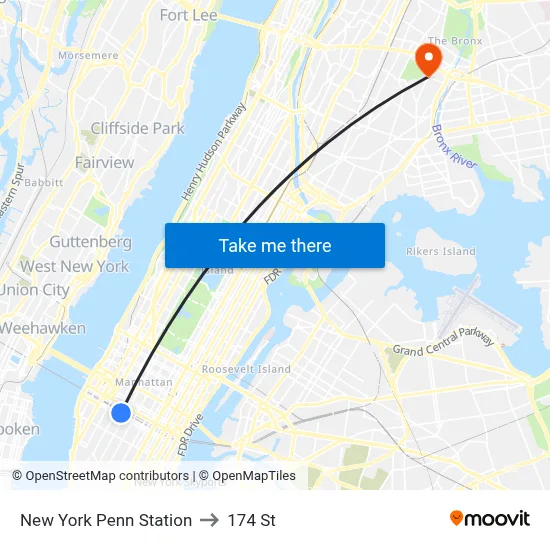 New York Penn Station to 174 St map