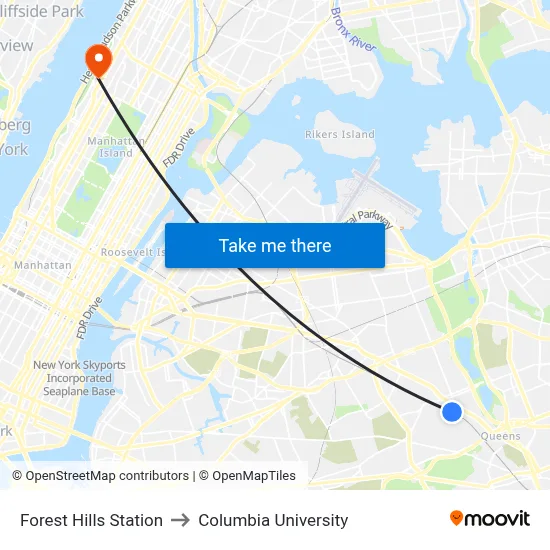 Forest Hills Station to Columbia University map
