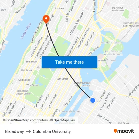 Broadway to Columbia University map