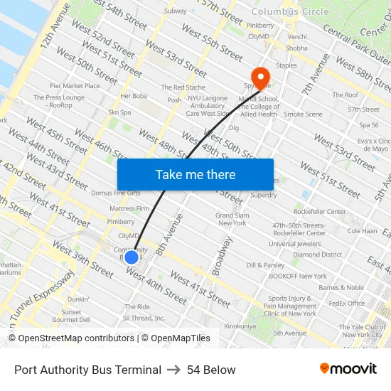 Port Authority Bus Terminal to 54 Below map