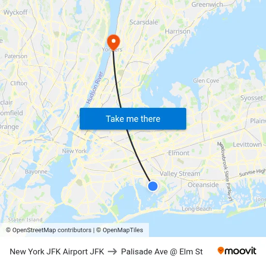 New York JFK Airport JFK to Palisade Ave @ Elm St map