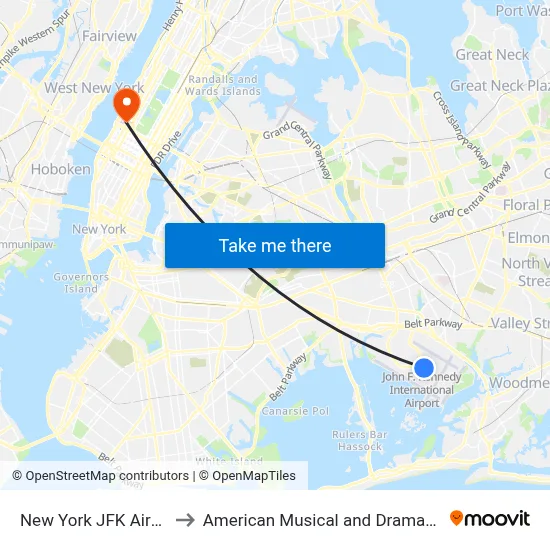 New York JFK Airport JFK to American Musical and Dramatic Academy map