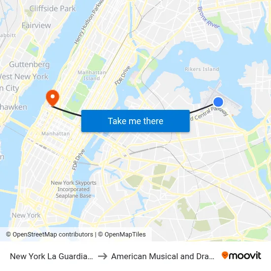New York La Guardia Airport LGA to American Musical and Dramatic Academy map