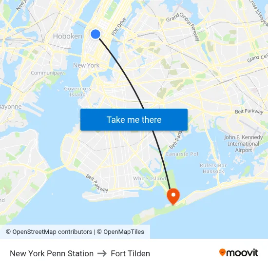 New York Penn Station to Fort Tilden map