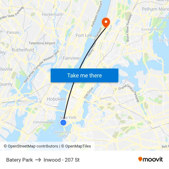 Batery Park to Inwood - 207 St map