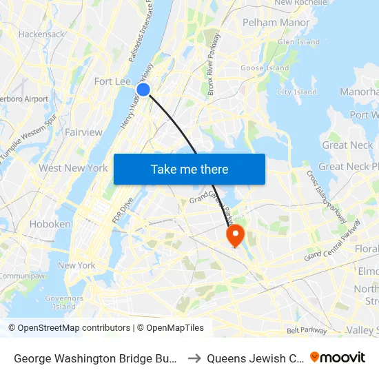 George Washington Bridge Bus Station to Queens Jewish Center map