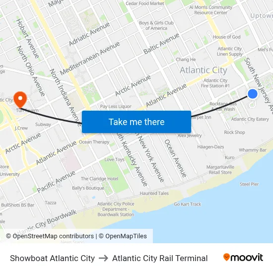 Showboat Atlantic City to Atlantic City Rail Terminal map