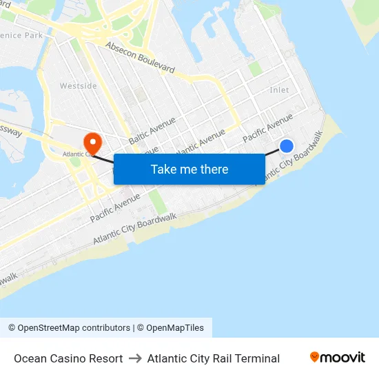 Ocean Casino Resort to Atlantic City Rail Terminal map