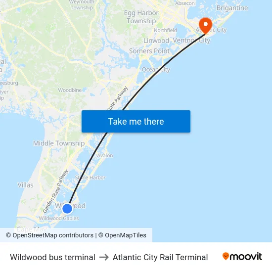 Wildwood bus terminal to Atlantic City Rail Terminal map
