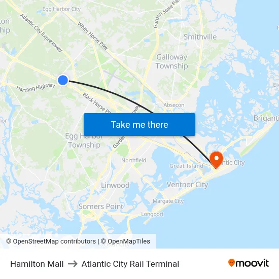 Hamilton Mall to Atlantic City Rail Terminal map