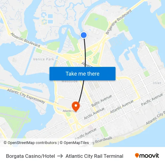 Borgata Casino/Hotel to Atlantic City Rail Terminal map