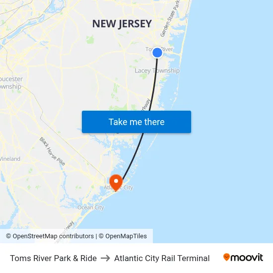 Toms River Park & Ride to Atlantic City Rail Terminal map