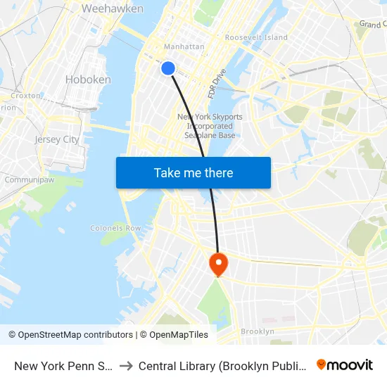 New York Penn Station to Central Library (Brooklyn Public Library) map