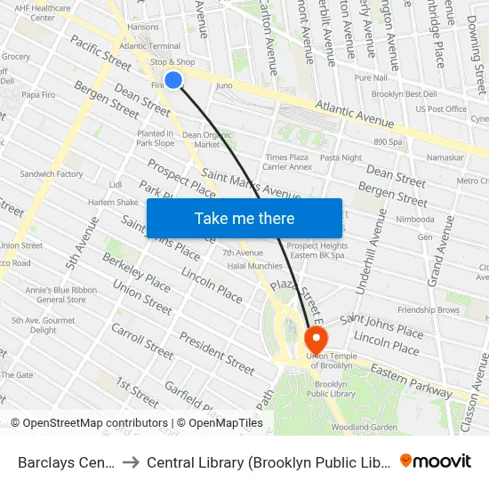 Barclays Center to Central Library (Brooklyn Public Library) map