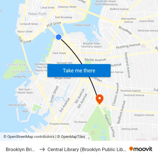 Brooklyn Bridge to Central Library (Brooklyn Public Library) map