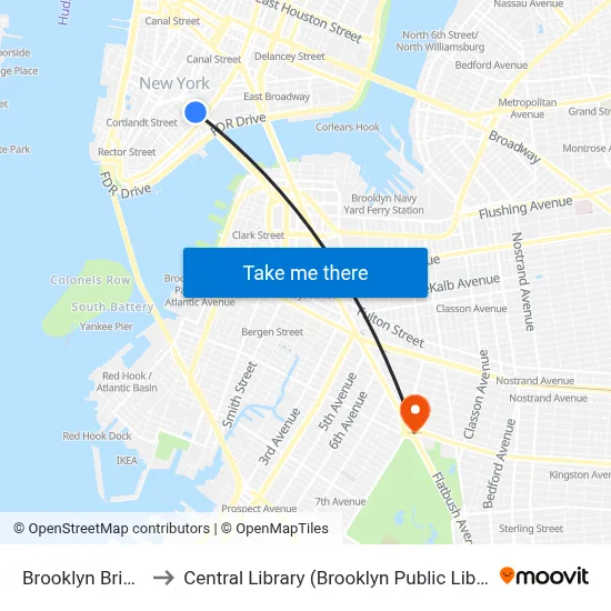 Brooklyn Bridge to Central Library (Brooklyn Public Library) map