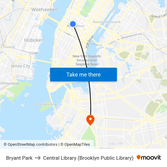 Bryant Park to Central Library (Brooklyn Public Library) map