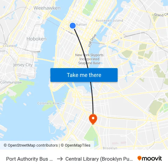 Port Authority Bus Terminal to Central Library (Brooklyn Public Library) map