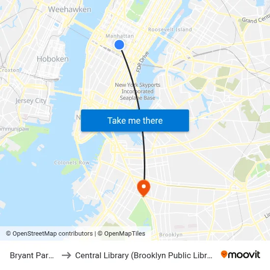Bryant Park 7 to Central Library (Brooklyn Public Library) map