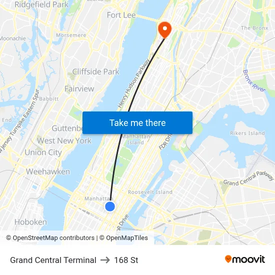 Grand Central Terminal to 168 St map