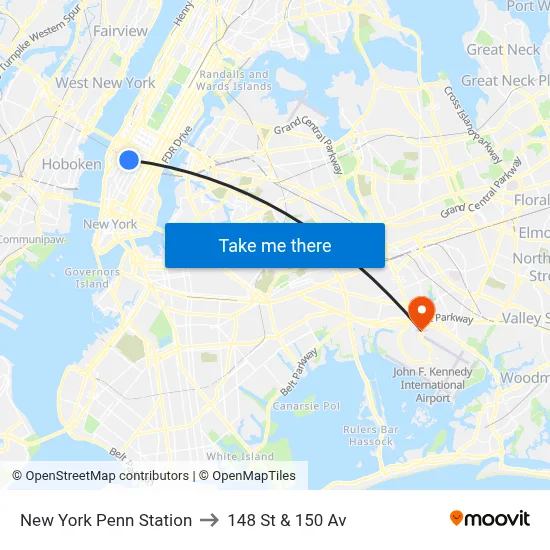 New York Penn Station to 148 St & 150 Av map