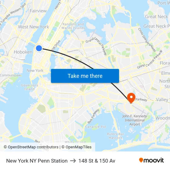 New York NY Penn Station to 148 St & 150 Av map