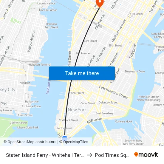 Staten Island Ferry - Whitehall Terminal to Pod Times Square map