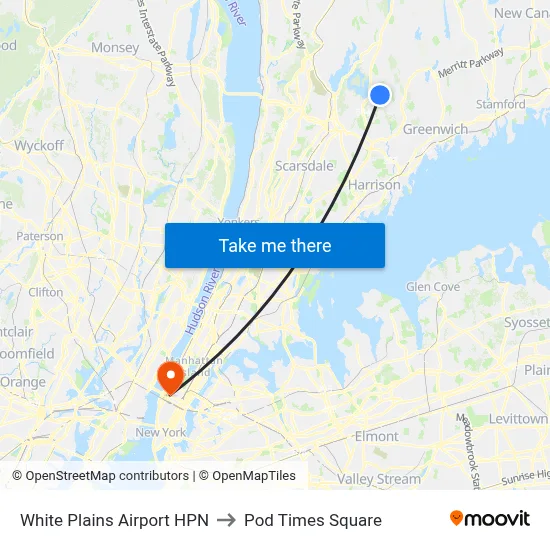White Plains Airport HPN to Pod Times Square map