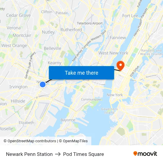 Newark Penn Station to Pod Times Square map
