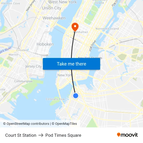 Court St Station to Pod Times Square map