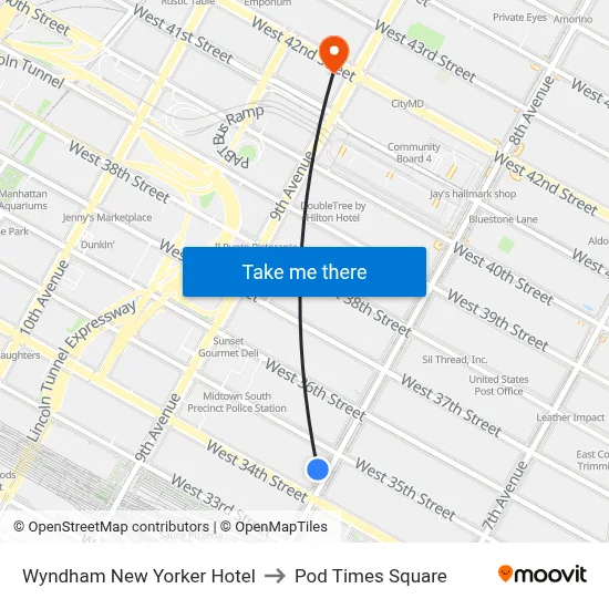 Wyndham New Yorker Hotel to Pod Times Square map