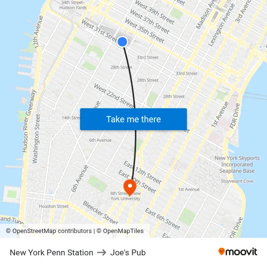 New York Penn Station to Joe's Pub map