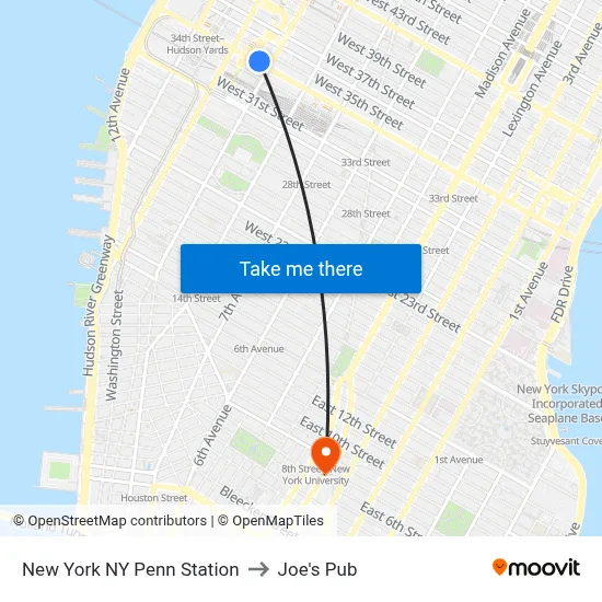 New York NY Penn Station to Joe's Pub map