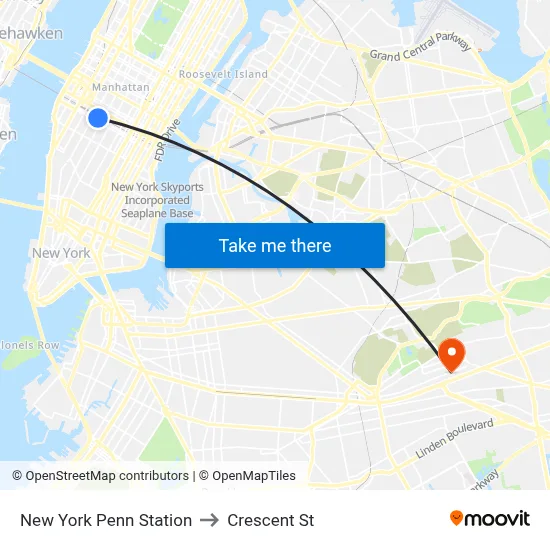 New York Penn Station to Crescent St map