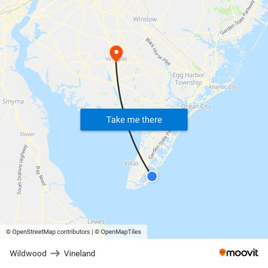 Wildwood to Vineland map